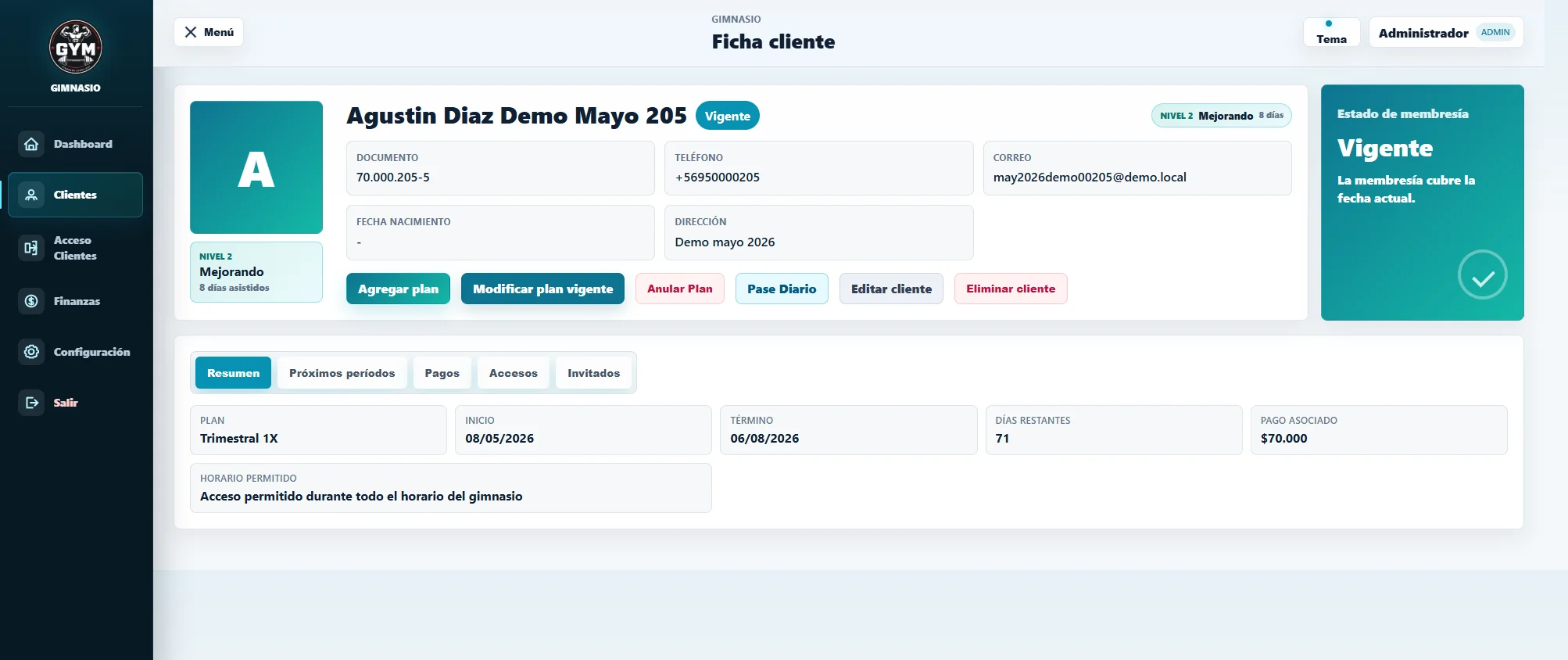 Ficha de cliente en sistema de administración para gimnasios