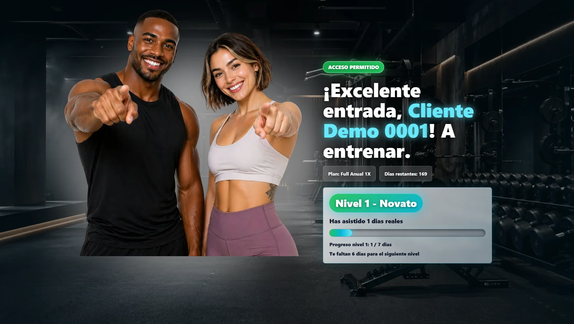 Mensaje de bienvenida y acceso permitido para cliente de gimnasio